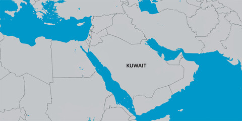 High-quality vector political map showing Kuwait marked in blue, featuring clean sharp lines, solid region colors, and accurate geography