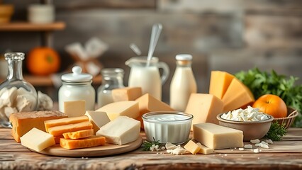 A rustic wooden table displaying a variety of fresh dairy products in soft natural light.