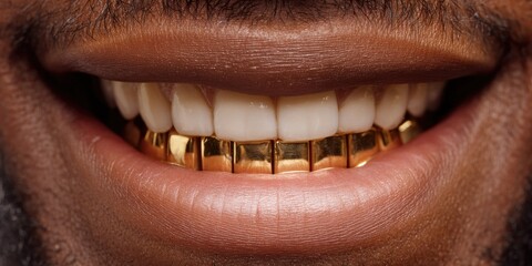 Close-up of gold grills on teeth, teeth smiling, mouth smiling with golden tooth grillz.