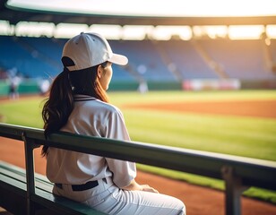 Athlete perspective: Woman on bench contemplates future goals at stadium setting