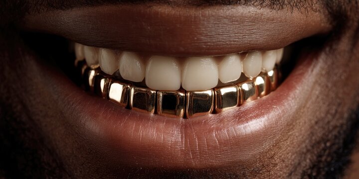 Close-up of gold grills on teeth, teeth smiling, mouth smiling with golden tooth grillz.