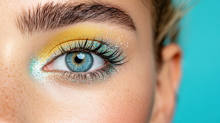 Obraz premium Bright eye makeup with yellow and turquoise shades enhances beauty of blue eyes