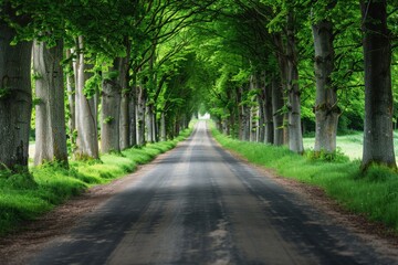 Obraz premium A peaceful road stretches ahead, flanked by tall trees in vibrant green foliage, creating a calming atmosphere in the countryside during early morning.