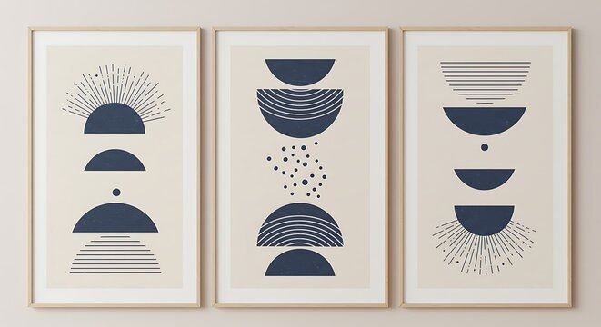 Minimalist Abstract Art with Half-Moon Shapes, Radiating Line Bursts, Concentric Rings, and Parallel Stripes in Indigo and Cream