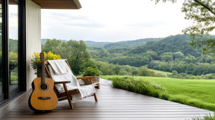 Serene porch view featuring rocking chair and guitar, surrounded by lush greenery and rolling