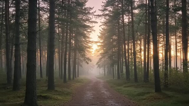 Serene forest pathway at dawn with mist and sunlight