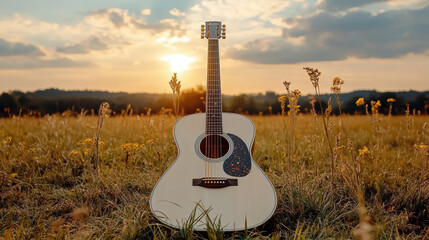 Guitar resting on grassy meadow under golden sunset sky evokes serene atmosphere