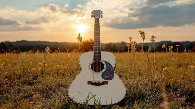 Guitar resting on grassy meadow under golden sunset sky evokes serene atmosphere