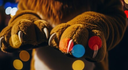 Close up of fuzzy brown mascot paws with sharp claws and bokeh lights