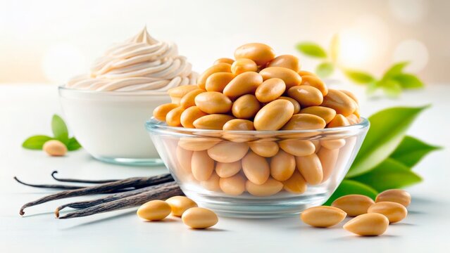 Delicious and creamy almond dessert with fresh toppings arranged on a light wooden background in a bright kitchen setting