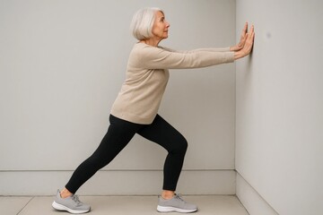 Obraz premium Active senior woman stretching calf muscles against wall indoors for flexibility and balance.