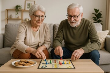 Senior couple playing a colorful board game together at home, enjoying leisure time with cookies.