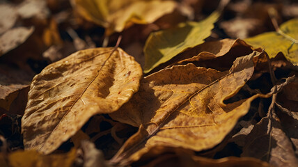 Wrinkled fall leaves captured in macro with warm nostalgic atmosphere