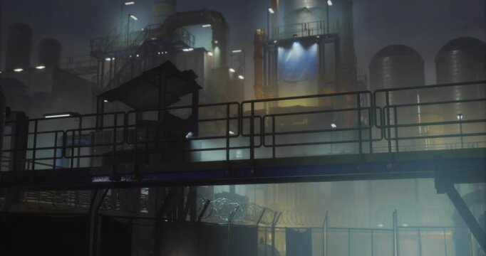 Dark, foggy atmosphere surrounds a large industrial complex featuring towering silos and pipes. Dim lights emit a soft glow, creating an imposing yet mysterious environment.