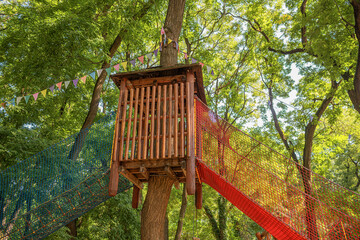 Naklejka premium A wooden treehouse with colorful rope bridges and safety nets surrounded by lush green trees in a sunny outdoor playground.