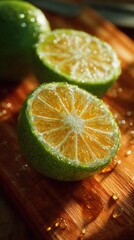 Image of a lime split on a wooden board, a very colorful fresh citrus fruit
