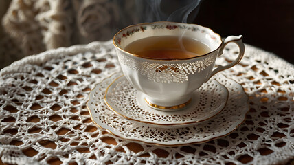 Ultra detailed still life of hot tea cup resting on crocheted cloth