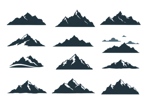 Collection of Mountain Peak Silhouettes Vector Graphics for Design Projects isolated on transparent background