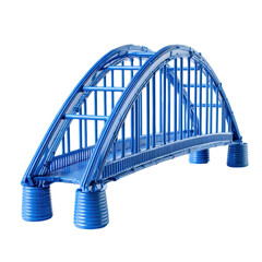 Colorful blue bridge model made from plastic straws displayed on a white background