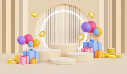 Beige podium, beige background, for advertising products during festivals with special product discounts, 3d illustration.