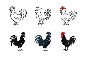 Rooster Line art and Silhouette vector icon set on white background.