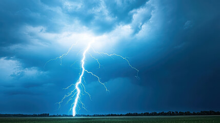 Bright lightning strikes illuminate dark stormy sky over green landscape, creating dramatic
