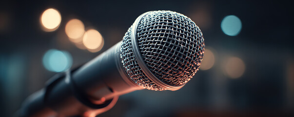 Obraz premium Close-up of a microphone in soft lighting at an evening music event capturing the energy and anticipation of live performance