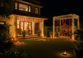 Ganesh chaturthi photo of modern indian house exterior illuminated with festive decorative lights and floral arrangements during a night celebration, creating a warm and inviting ambiance