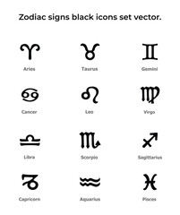 Zodiac icons. Horoscope set. Zodiac signs black icons set vector_ Isolated horoscope zodiac symbols_Zodiac astrology vector illustration.