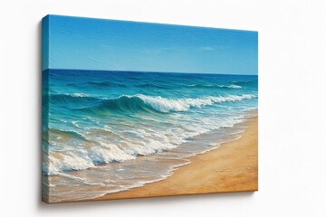 A professional advertisement-style close-up of a beach painting on canvas, featuring gentle ocean waves rolling onto soft golden sand under a bright blue sky.