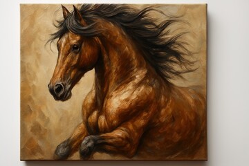 A realistic close-up advertisement image of a horse painting in motion, with flowing mane and muscular details captured in textured brushstrokes