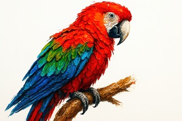 A vivid advertisement-style image of an animal painting featuring a colorful parrot perched on a branch, with bright red, green, and blue tones