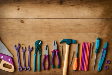 Essential DIY Tool Collection &ndash; Saw, Wrenches, Pliers & Hammer Neatly Arranged on Wooden Surface
