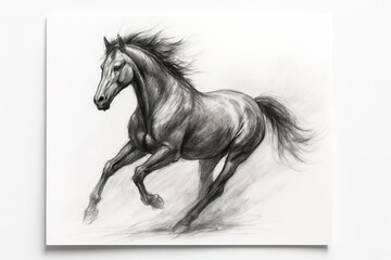 A realistic close-up advertisement image of a hand-drawn sketch of an animal, focusing on a horse in motion with dynamic pencil strokes and detailed shading