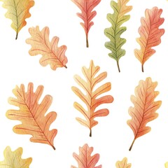 Fototapeta premium Watercolor Oak Leaves A vibrant autumnal pattern featuring scattered, colorful oak leaves on a white background.