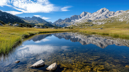 Serene landscape featuring tranquil lake reflecting majestic mountains and clear blue skies