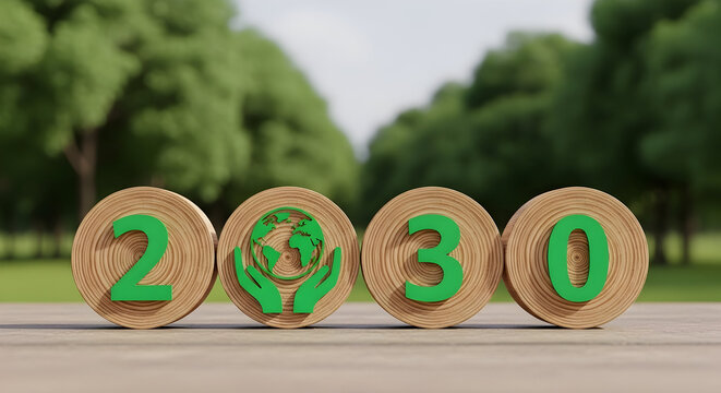 Sustainable future 2030 goals with green earth hands in nature setting