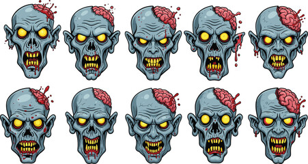 Zombie heads with exposed brains, creepy undead faces, horror illustration, Halloween design, scary monster art, gory elements