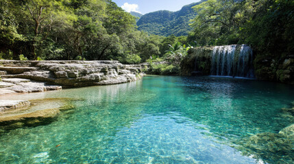 Naklejka premium Heart shaped waterfall and clear plunge pool lush rainforest, surrounded by mountains