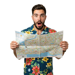 Surprised man holding a map, possibly lost or discovering something interesting on his trip.