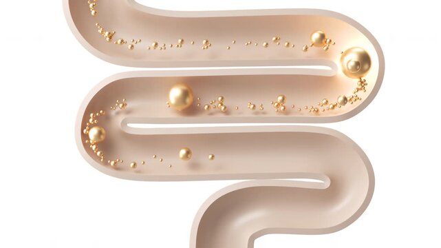 intestine with small ball, medical concept of human anatomy intestine with gas, healthy gut 3d animation.
