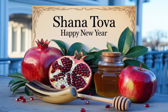 Rosh Hashanah table with pomegranates, honey, apples, and sign