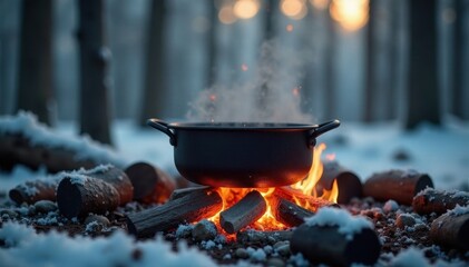 Iron pot boils over crackling campfire, frosted trees , cold, image