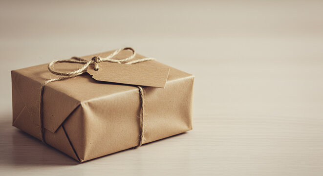 A gift wrapped in brown paper and tied with string rests on a plain surface