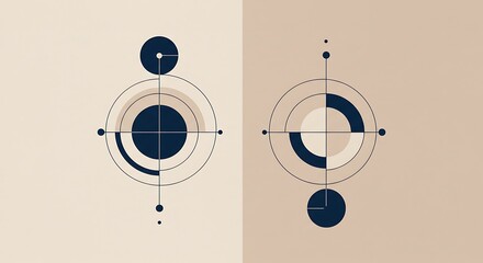 Abstract Geometric Illustration with Circles, Intersecting Lines, and Dotted Accents on Minimal Canvas in Navy Blue and Beige