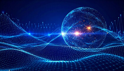 A digital sphere floats amidst a dynamic network of interconnected points, creating a captivating visual representation of data flow and interconnectedness.
