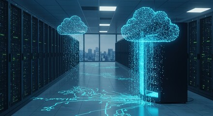 Futuristic data center with glowing cloud servers symbolizing digital transformation and connectivity