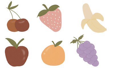 Fruit Set Cherry, Strawberry, Apple, Banana, Grape, Orange Illustration