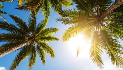 Low-angle view of palm trees against a bright sunlit sky
