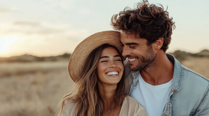 Smiling couple in field during sunset, radiating joy and warmth together